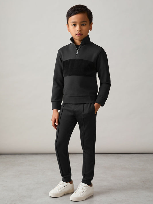 3-9 yrs Interlock Velour-Panel Zip Sweatshirt in Black | Reiss Children & Baby Premium