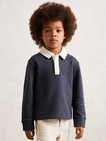 Cotton Half-Button Rugby Polo Shirt in Navy/White | Reiss Children & Baby Best Seller