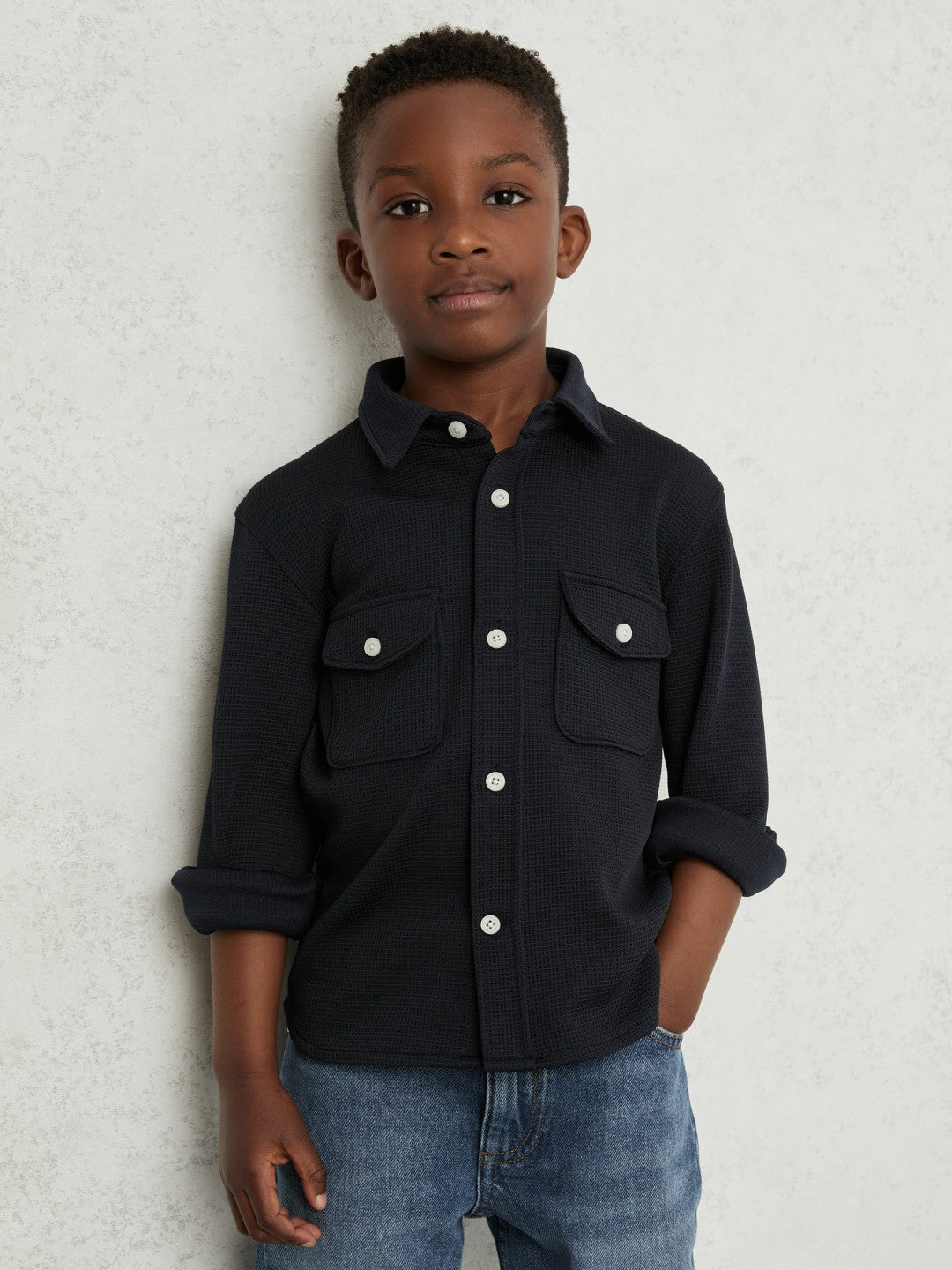 3-9 yrs Waffle-Textured Twin-Pocket Overshirt in Navy | Reiss Children & Baby Signature