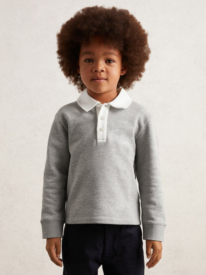 Cotton Half Button Rugby Polo Shirt in Grey Marl/White | Reiss Children & Baby Trending