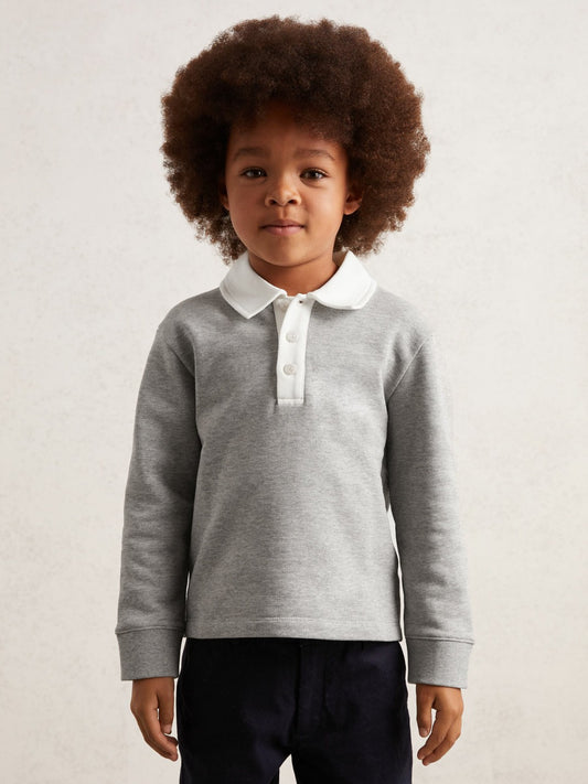 Cotton Half-Button Rugby Polo Shirt in Grey Marl/White | Reiss Children & Baby Featured