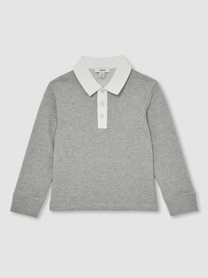 Cotton Half-Button Rugby Polo Shirt in Grey Marl/White | Reiss Children & Baby Featured