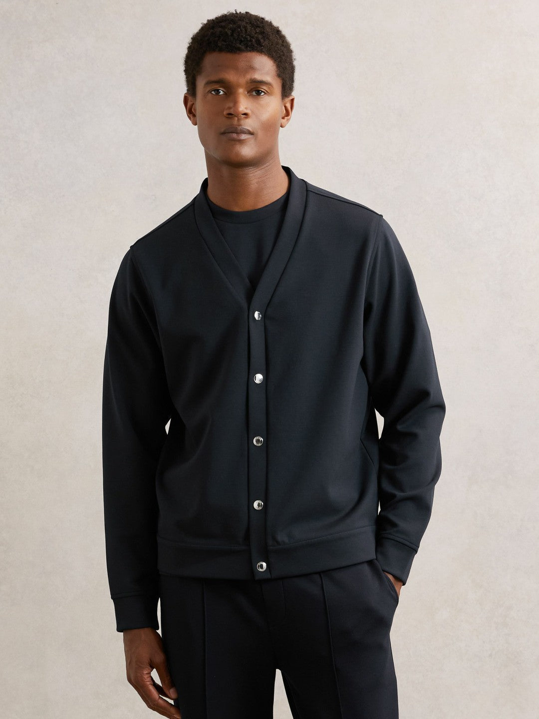 V-Neck Interlock Jersey Cardigan in Navy | Reiss Men New