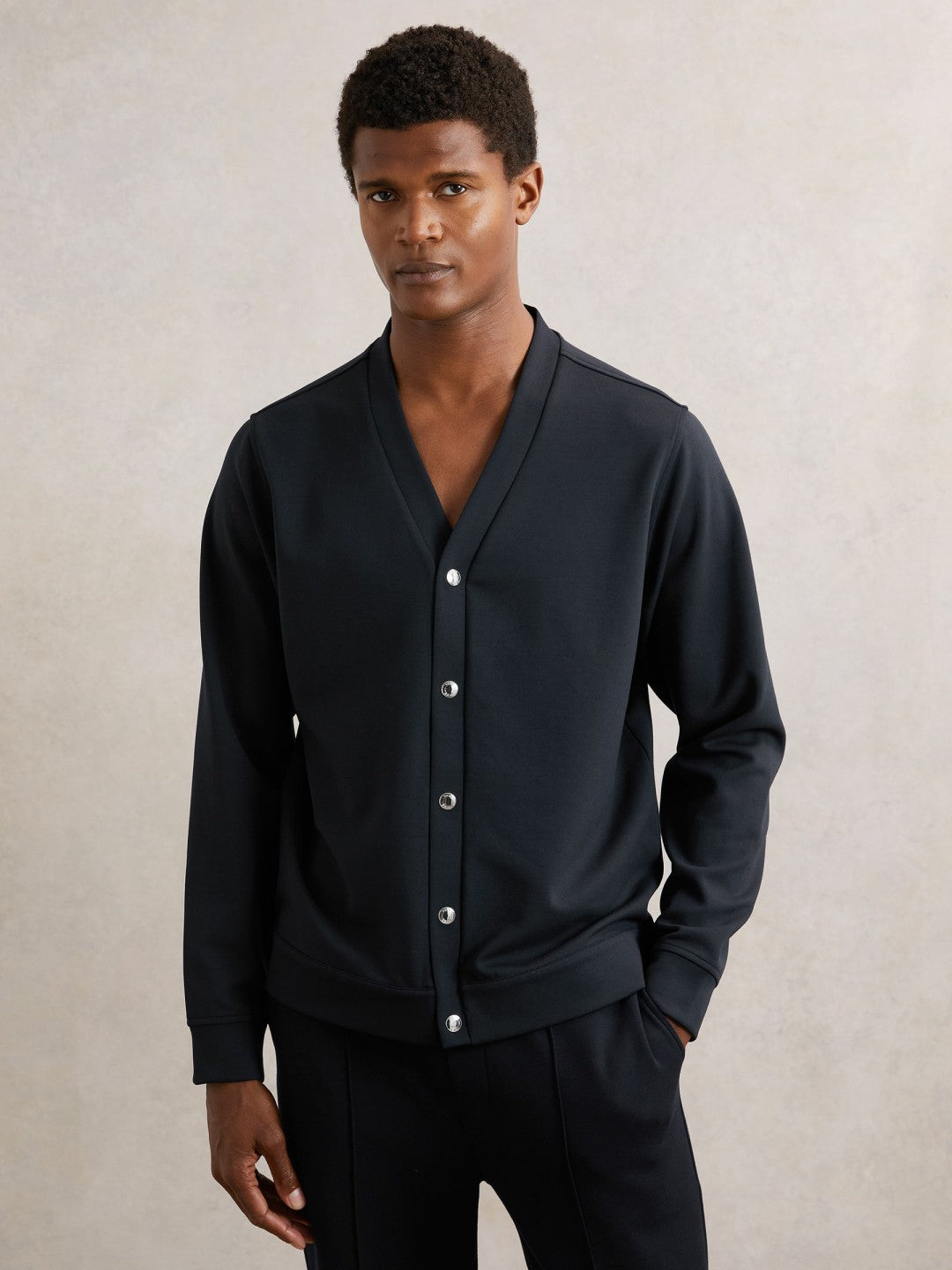 V-Neck Interlock Jersey Cardigan in Navy | Reiss Men New