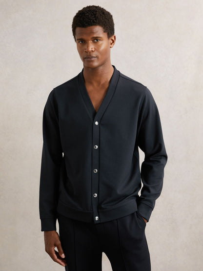 V-Neck Interlock Jersey Cardigan in Navy | Reiss Men New