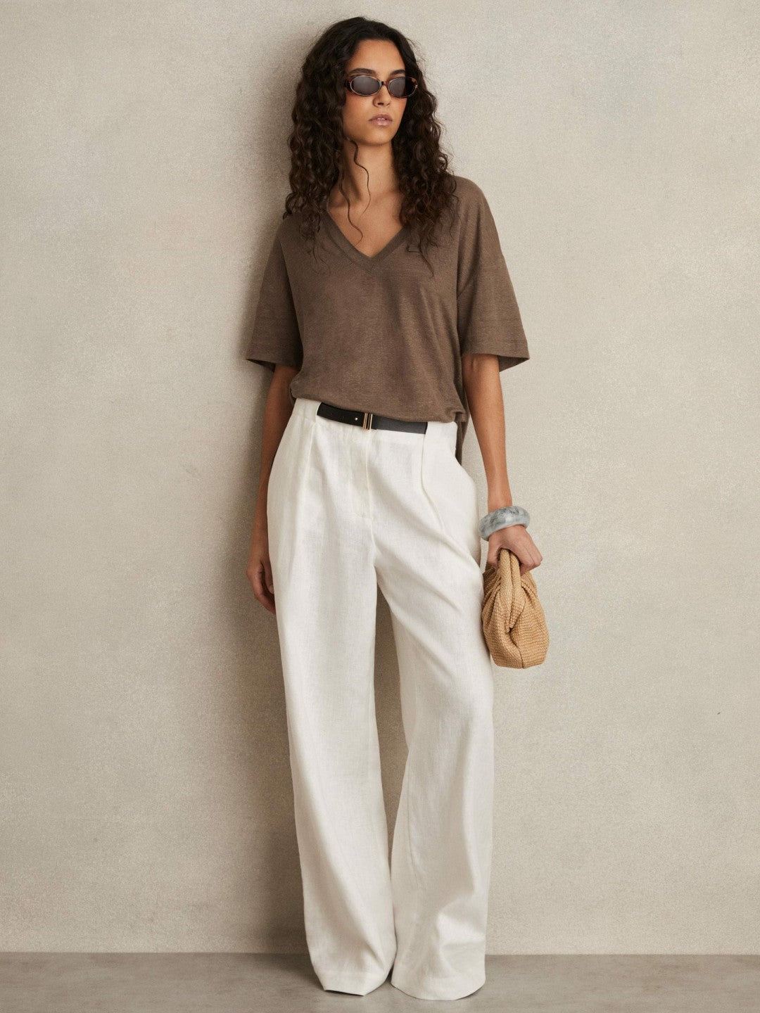 Linen V-Neck T-Shirt in Brown | Reiss Women Best Seller