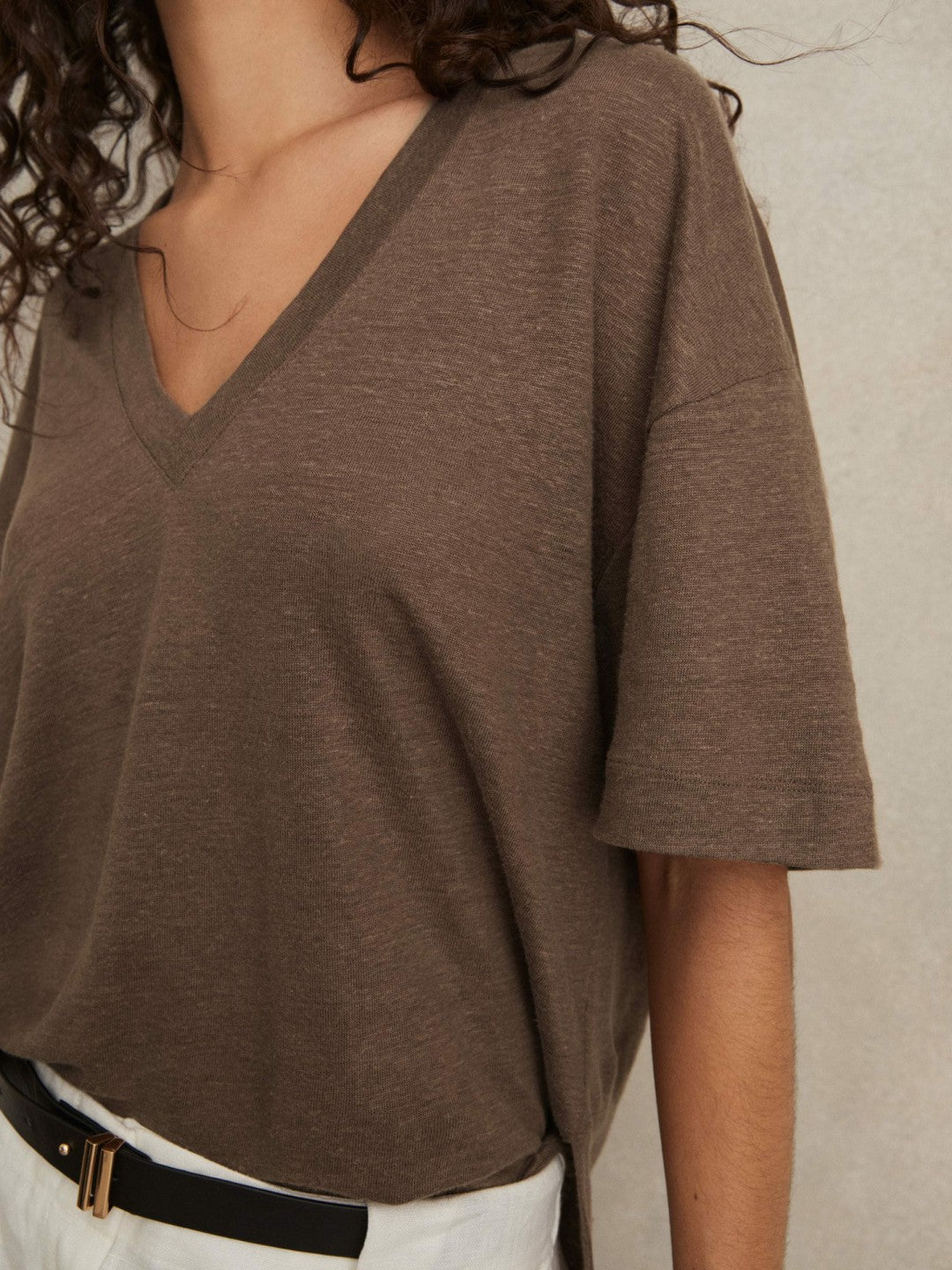 Linen V-Neck T-Shirt in Brown | Reiss Women Best Seller