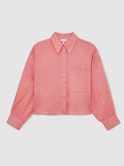 Oversize Linen Cropped Shirt in Pink | Reiss Women Premium