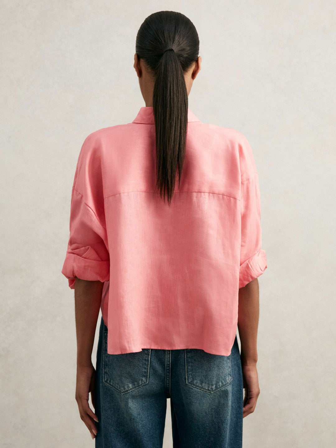 Oversize Linen Cropped Shirt in Pink | Reiss Women Premium