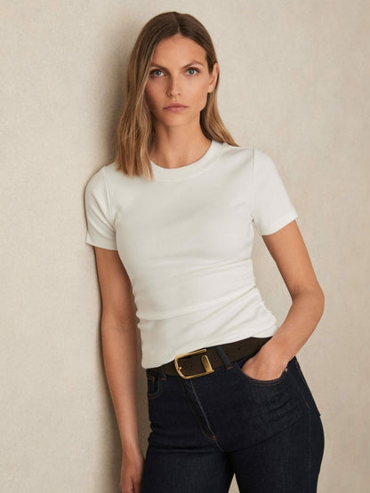 Stretch-Cotton Ruched Ribbed T-Shirt in White | Reiss Women Featured