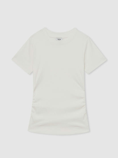 Stretch-Cotton Ruched Ribbed T-Shirt in White | Reiss Women Featured