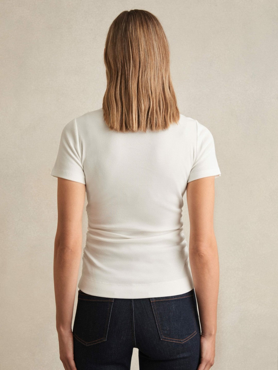 Stretch-Cotton Ruched Ribbed T-Shirt in White | Reiss Women Featured