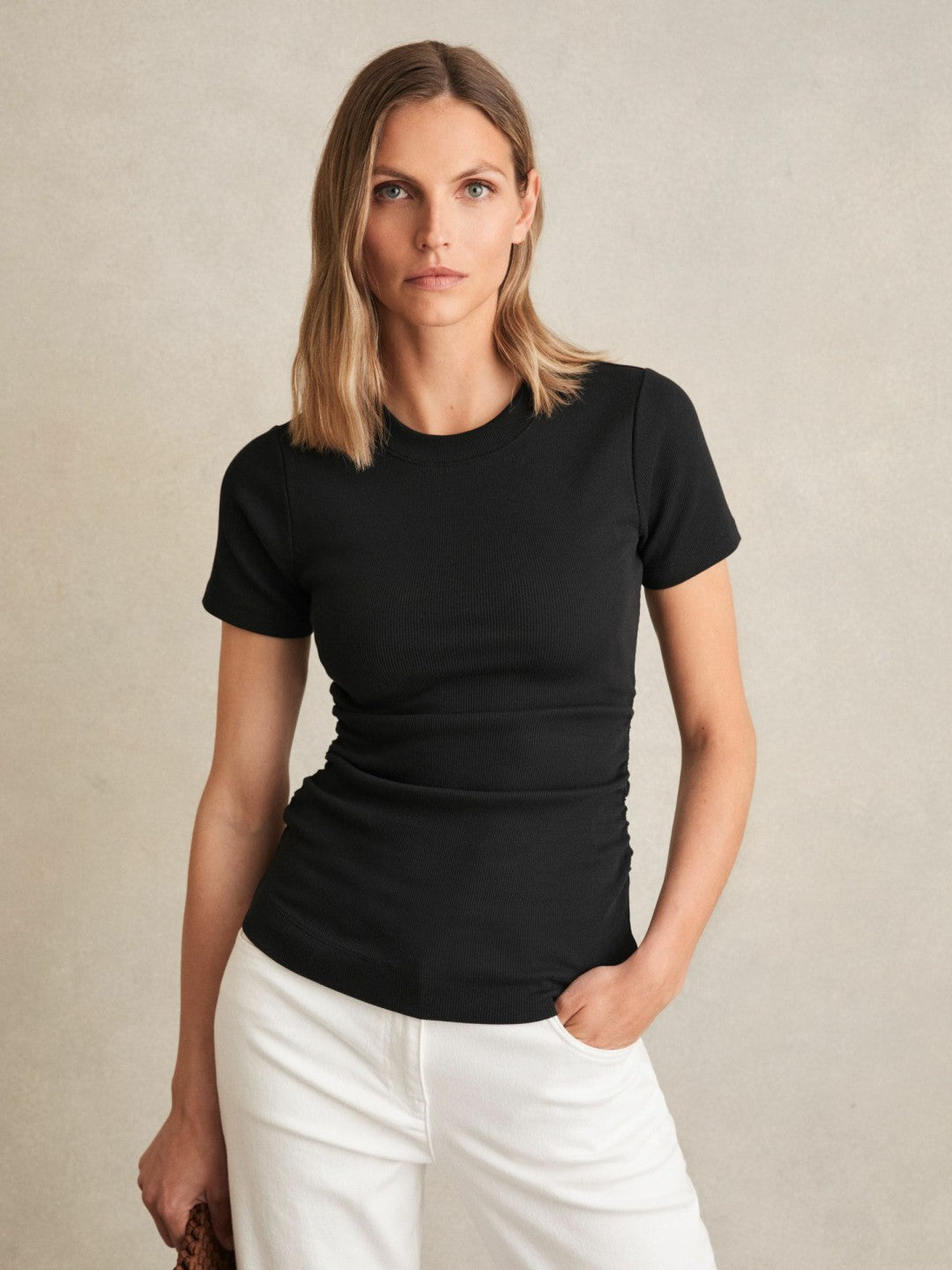 Stretch-Cotton Ruched Ribbed T-Shirt in Black | Reiss Women Premium