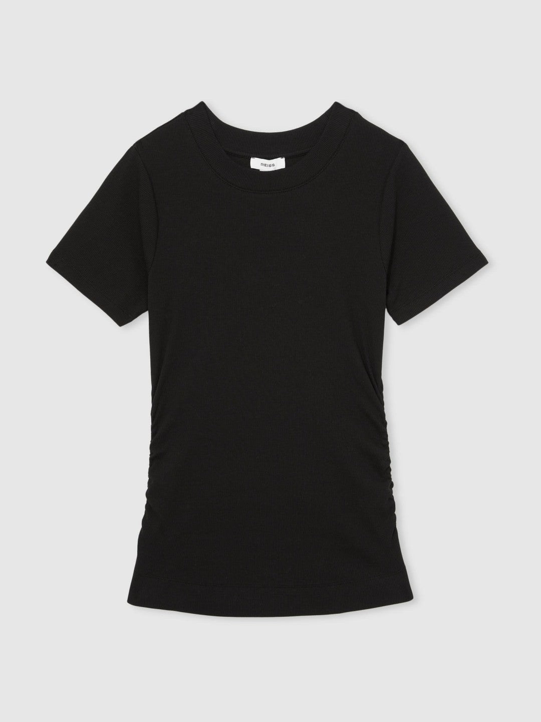 Stretch-Cotton Ruched Ribbed T-Shirt in Black | Reiss Women Premium