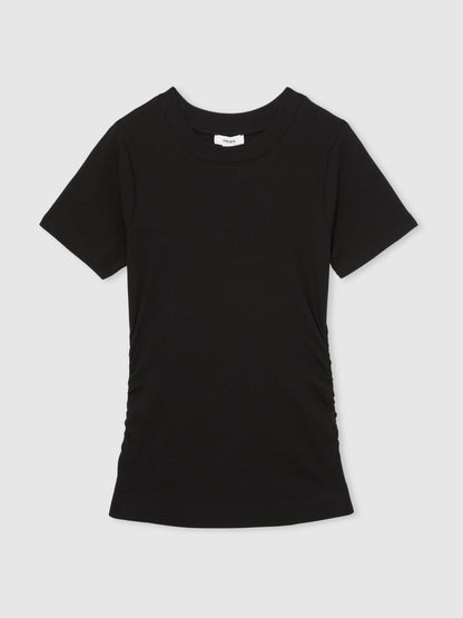 Stretch-Cotton Ruched Ribbed T-Shirt in Black | Reiss Women Premium