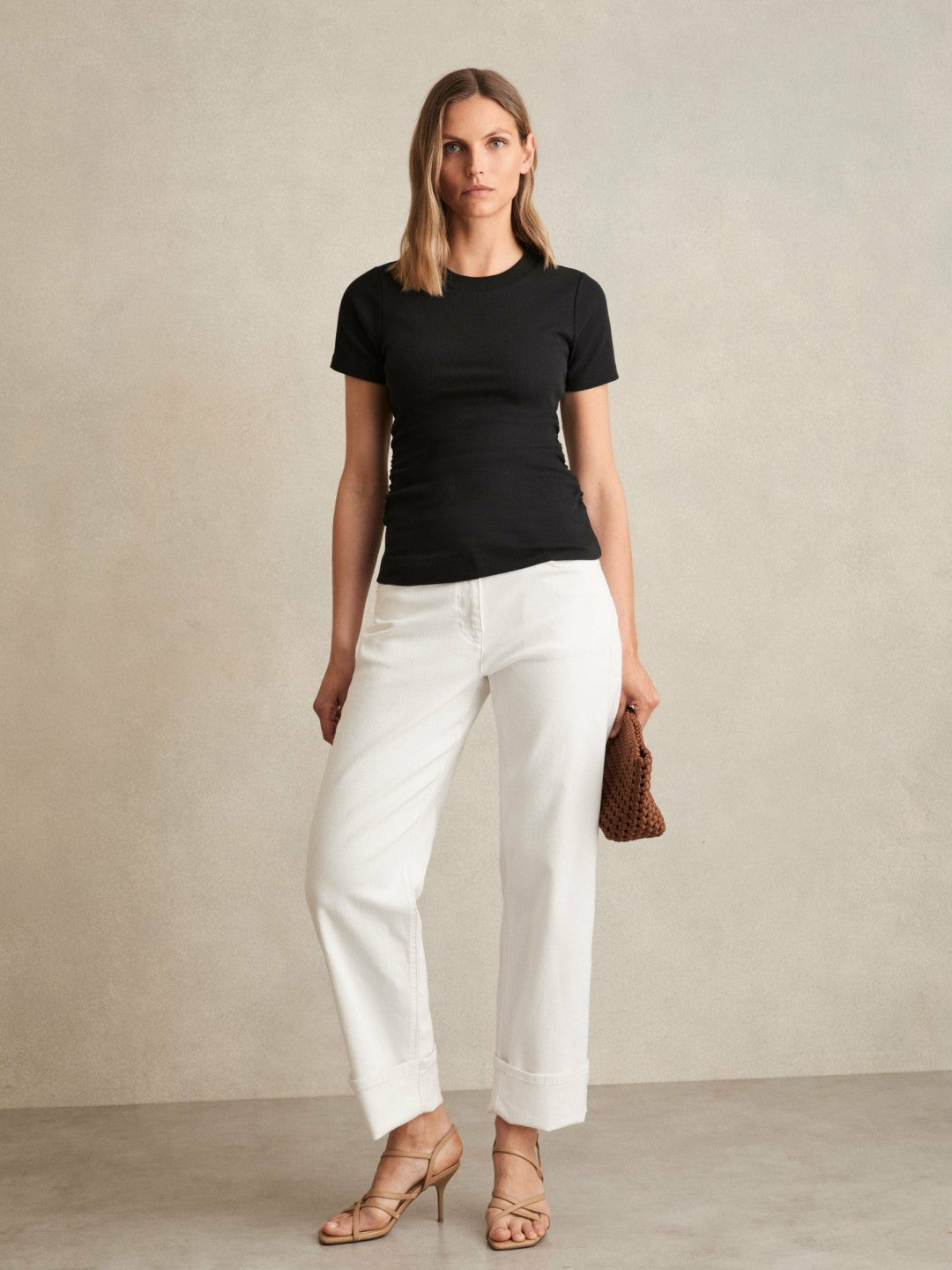 Stretch-Cotton Ruched Ribbed T-Shirt in Black | Reiss Women Premium