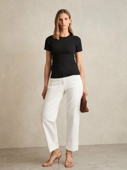 Stretch-Cotton Ruched Ribbed T-Shirt in Black | Reiss Women Premium