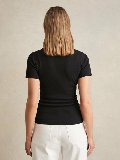 Stretch-Cotton Ruched Ribbed T-Shirt in Black | Reiss Women Premium