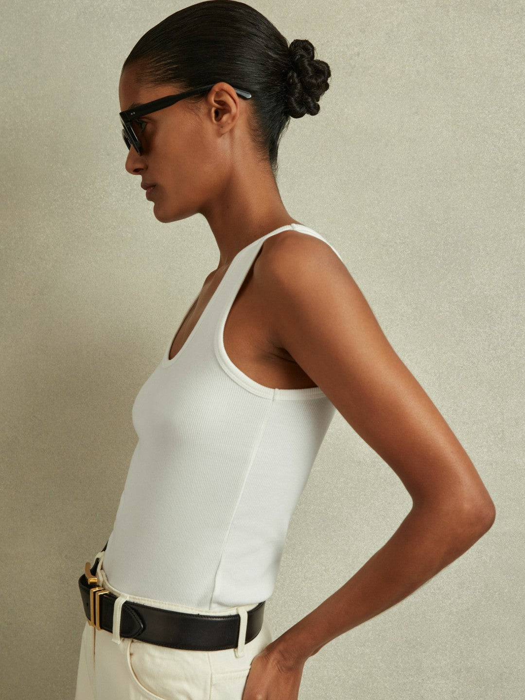 Stretch-Cotton Ribbed Vest in White | Reiss Women Exclusive