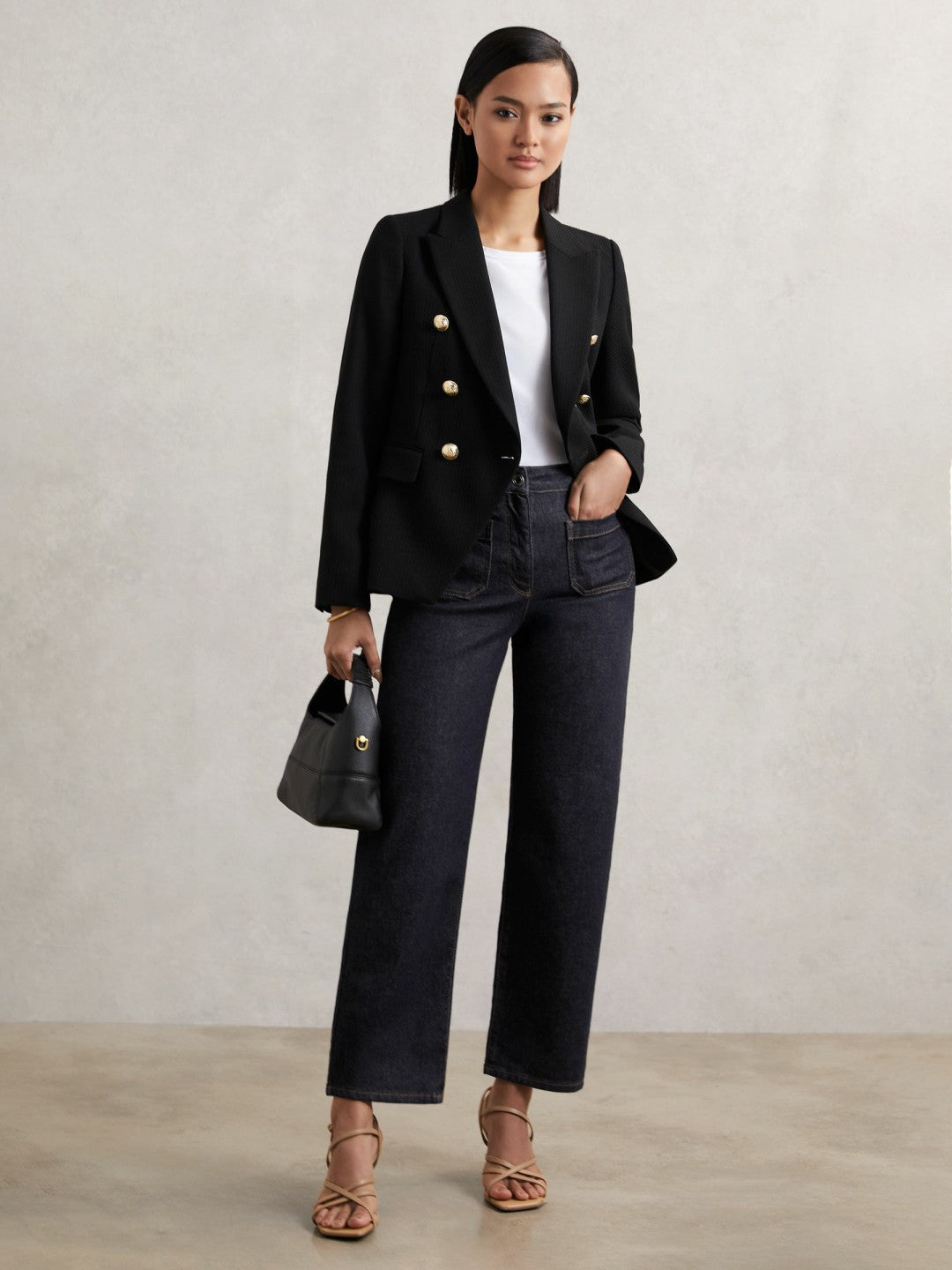 Petite Straight Leg Patch Pocket Jeans in Dark Blue | Reiss Women Best Seller