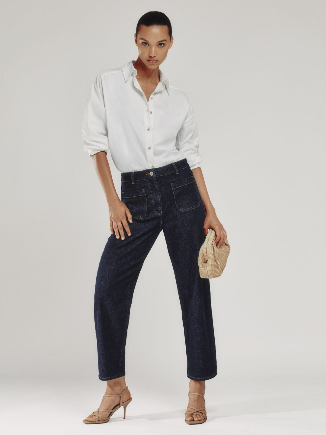 Petite Straight Leg Patch Pocket Jeans in Dark Blue | Reiss Women Best Seller