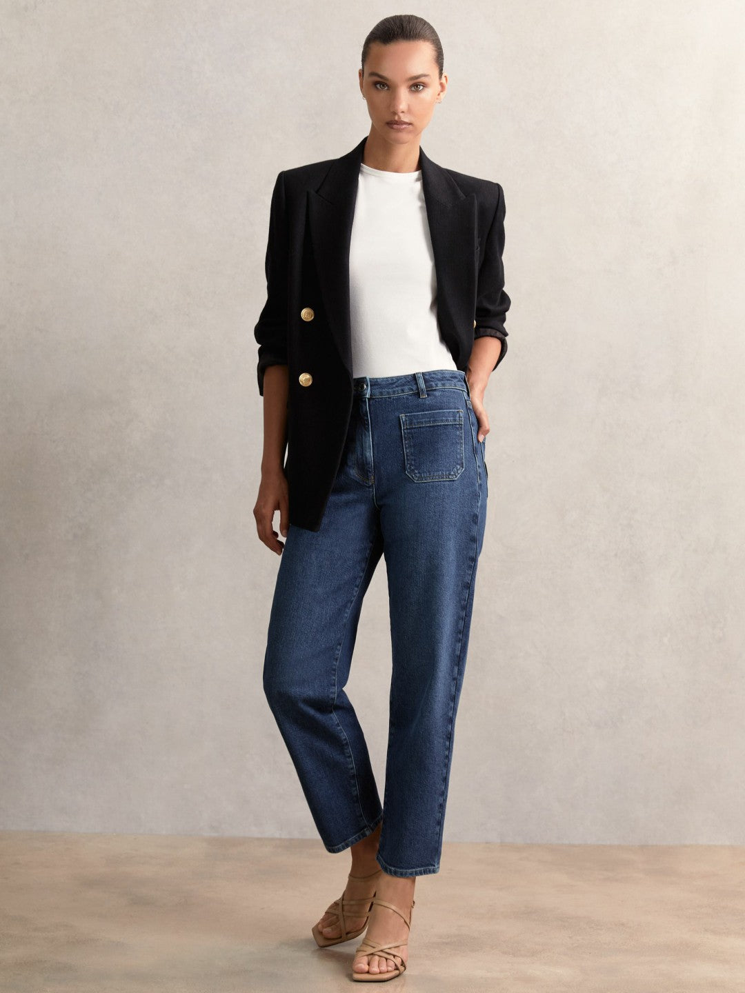 Petite Straight Leg Patch Pocket Jeans in Mid Blue | Reiss Women Featured