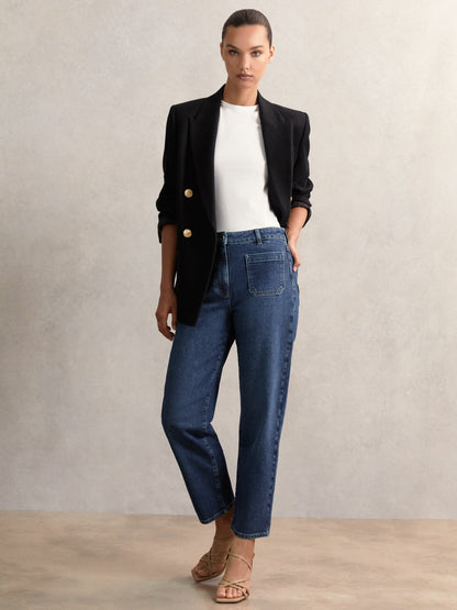 Petite Straight Leg Patch Pocket Jeans in Mid Blue | Reiss Women Featured