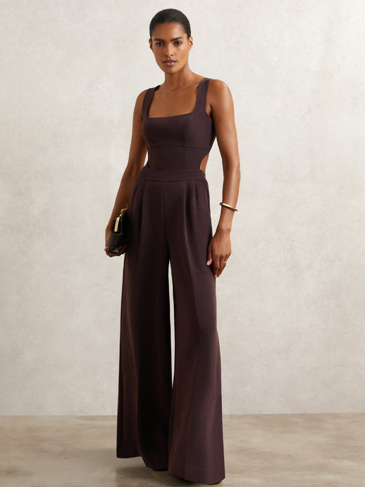 Petite Wide-Leg Cut-Out Jumpsuit in Burgundy | Reiss Women Signature