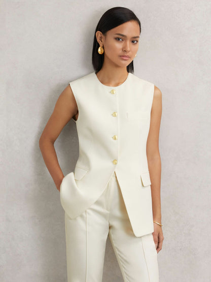 High-Neck Longline Waistcoat in Cream | Reiss Women Popular