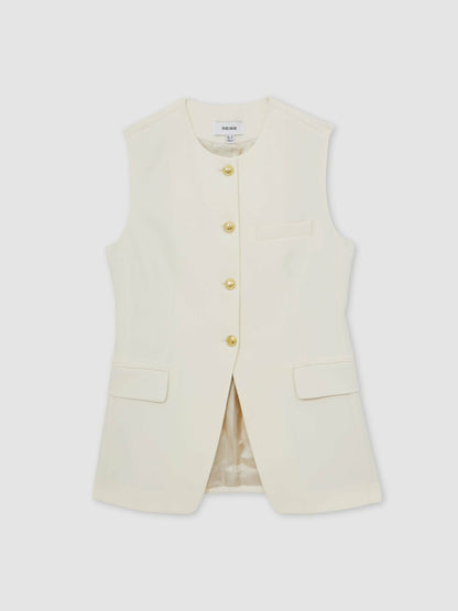 High-Neck Longline Waistcoat in Cream | Reiss Women Popular