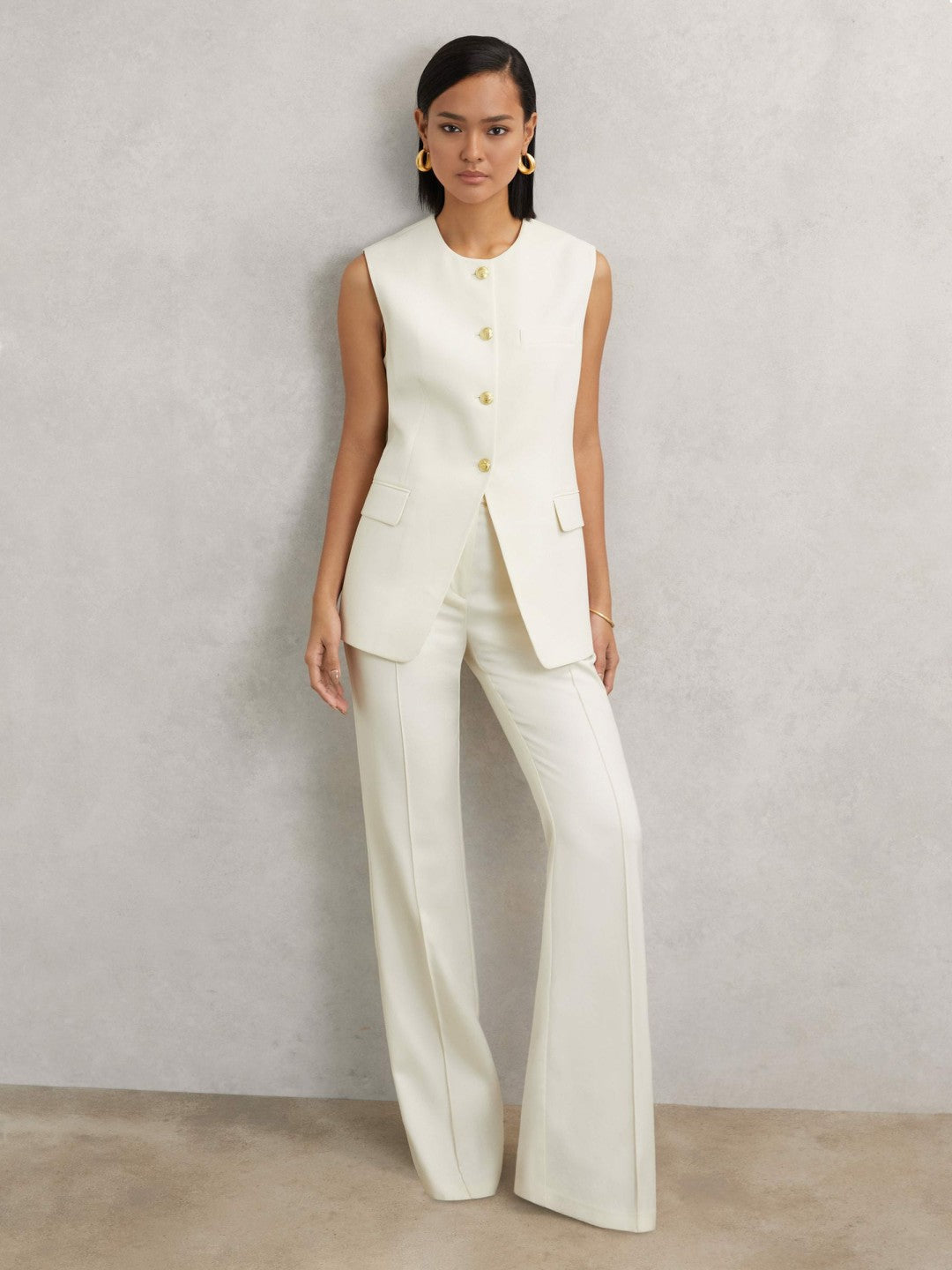 High-Neck Longline Waistcoat in Cream | Reiss Women Popular
