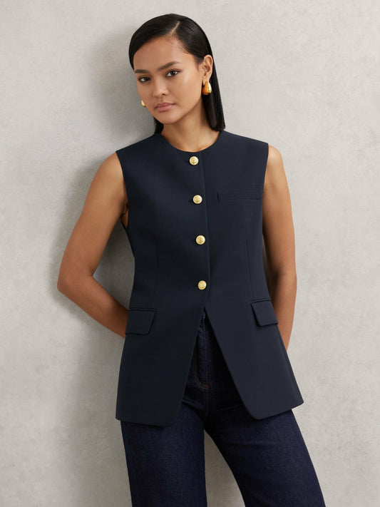 High-Neck Longline Waistcoat in Navy | Reiss Women Premium