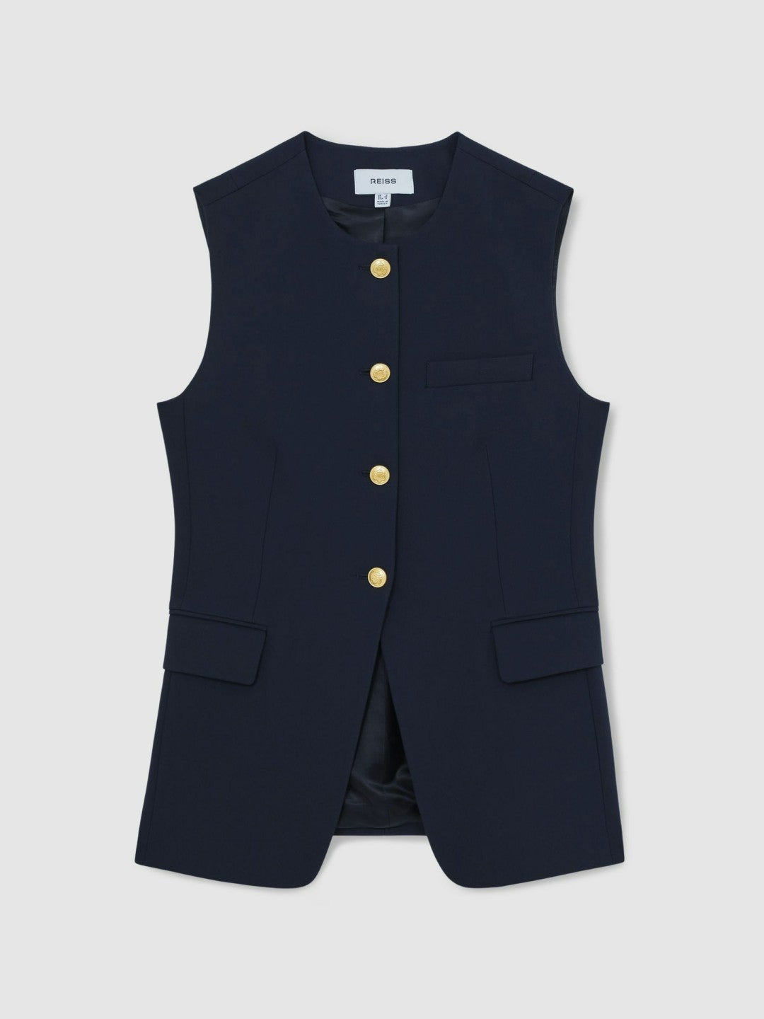High-Neck Longline Waistcoat in Navy | Reiss Women Premium