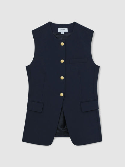 High-Neck Longline Waistcoat in Navy | Reiss Women Premium
