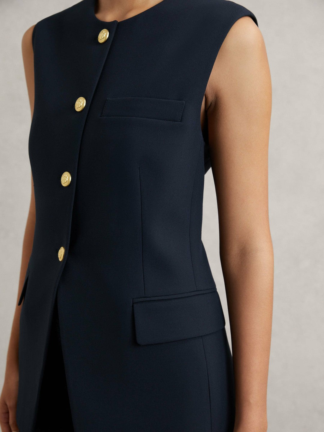 High-Neck Longline Waistcoat in Navy | Reiss Women Premium