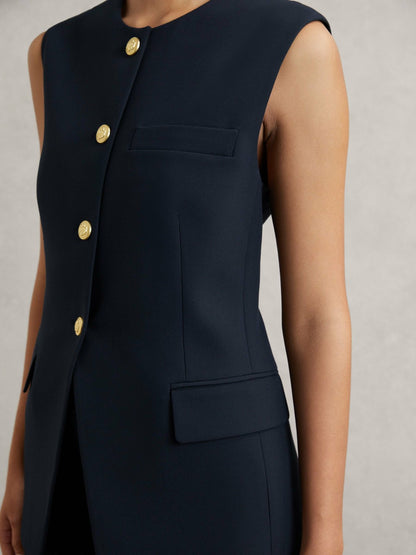 High-Neck Longline Waistcoat in Navy | Reiss Women Premium