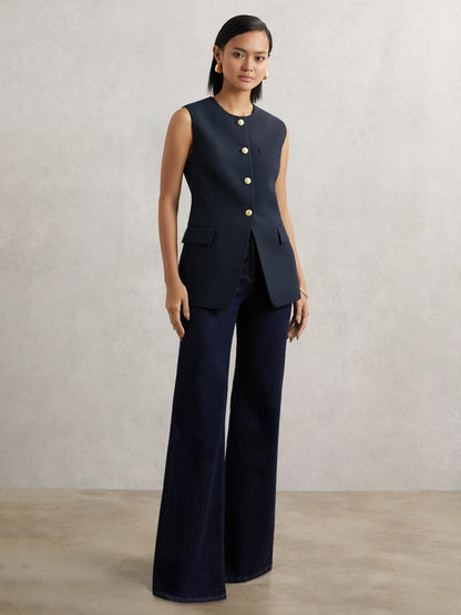 High-Neck Longline Waistcoat in Navy | Reiss Women Premium
