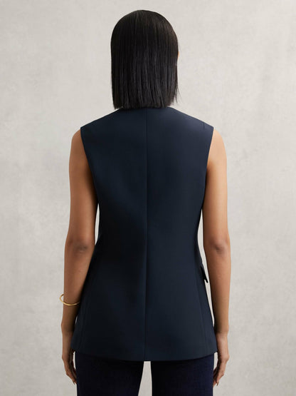 High-Neck Longline Waistcoat in Navy | Reiss Women Premium