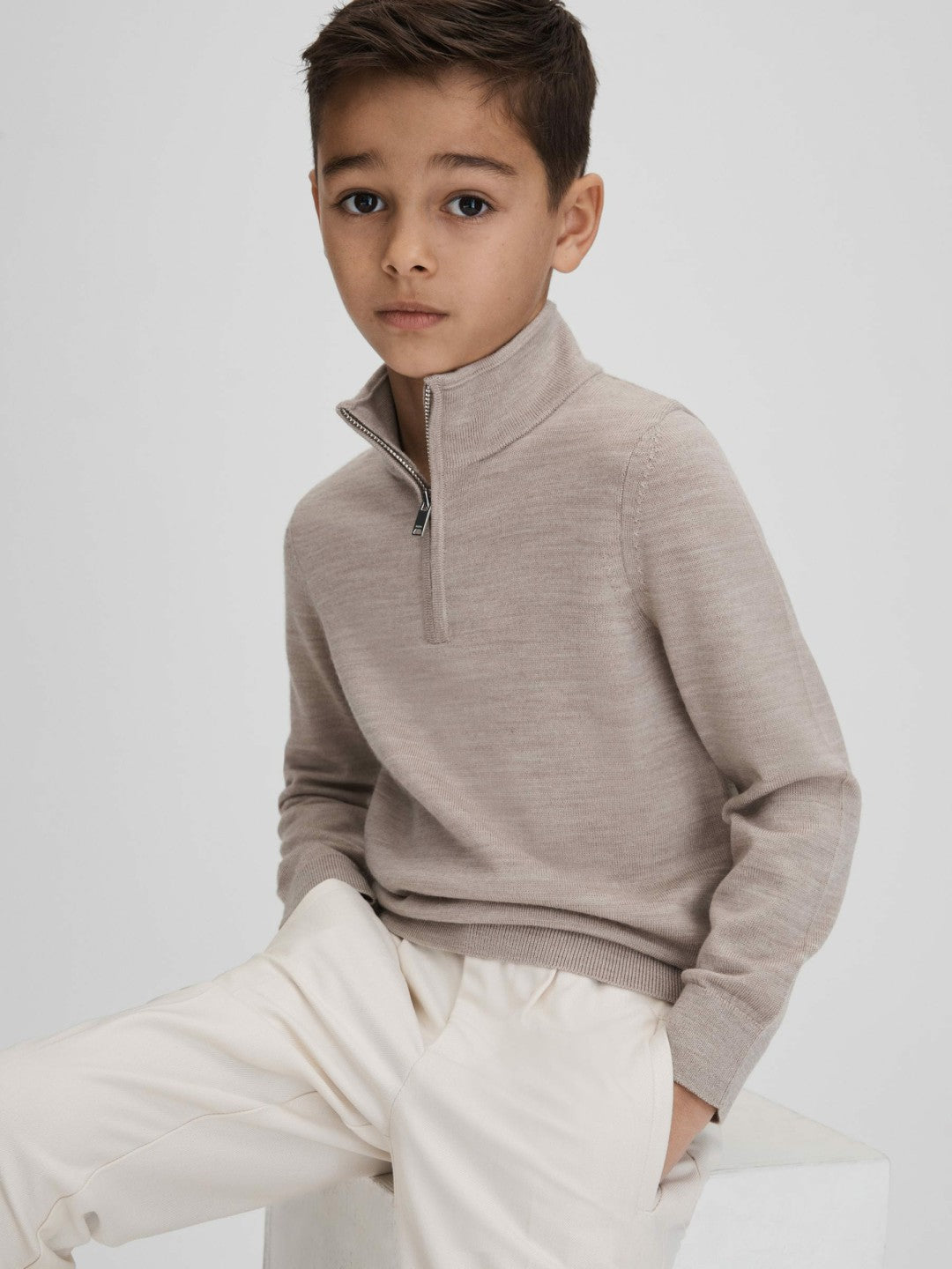 3-9 yrs Wool Half-Zip Funnel Neck Jumper in Wheat Melange | Reiss Children & Baby Best Seller