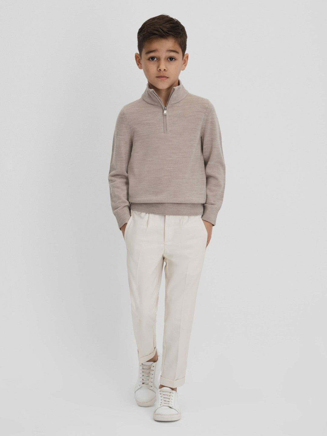 3-9 yrs Wool Half-Zip Funnel Neck Jumper in Wheat Melange | Reiss Children & Baby Best Seller