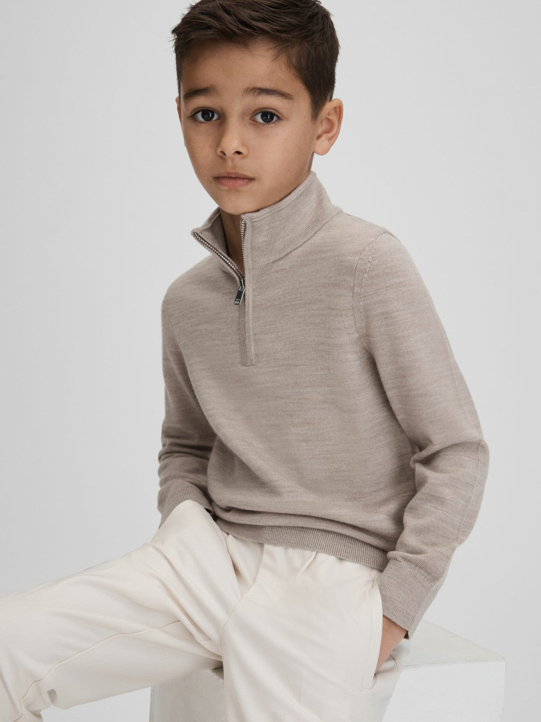 9-13 yrs Wool Half-Zip Funnel Neck Jumper in Wheat Melange | Reiss Children & Baby Signature