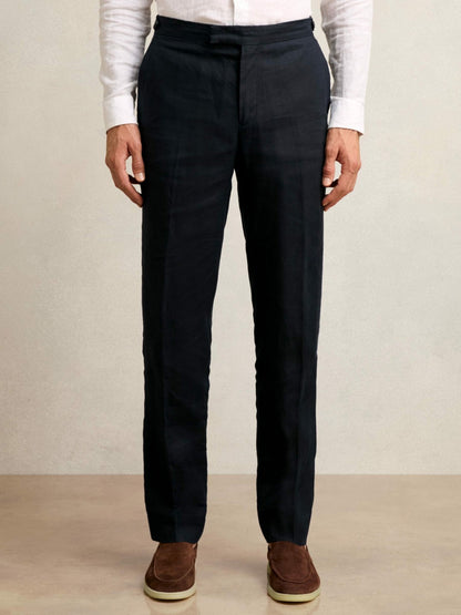 Slim Fit Linen Adjuster Trousers in Navy | Reiss Men Recommended