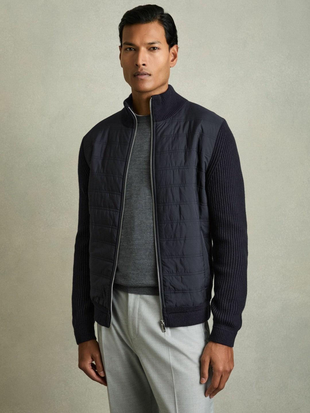 Hybrid Quilt and Knit Zip-Through Jacket in Navy | Reiss Men Exclusive