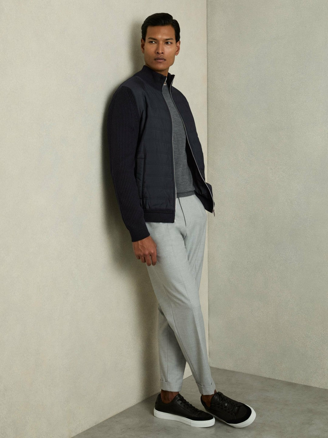 Hybrid Quilt and Knit Zip-Through Jacket in Navy | Reiss Men Exclusive
