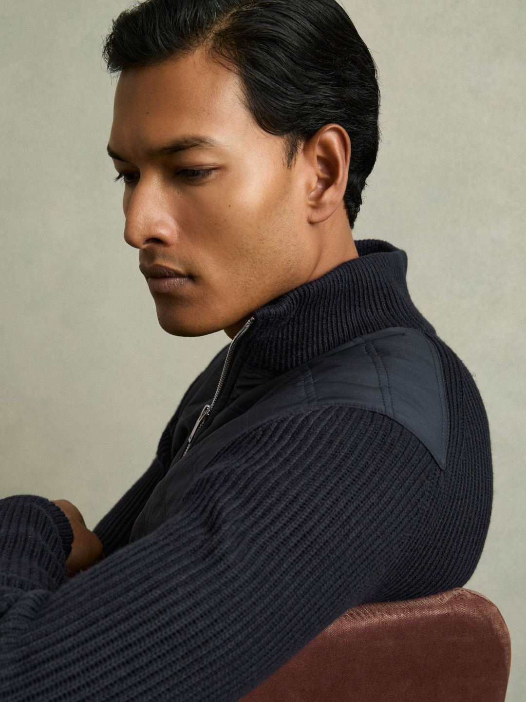 Hybrid Quilt and Knit Zip-Through Jacket in Navy | Reiss Men Exclusive