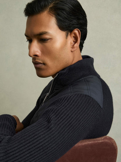 Hybrid Quilt and Knit Zip-Through Jacket in Navy | Reiss Men Exclusive