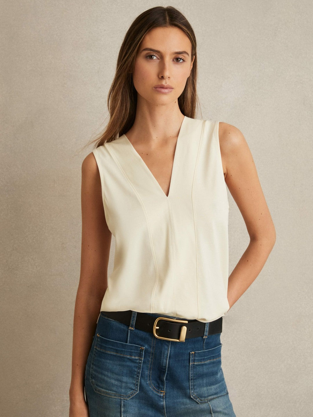 V-Neck Shell Top in Ivory | Reiss Women Featured