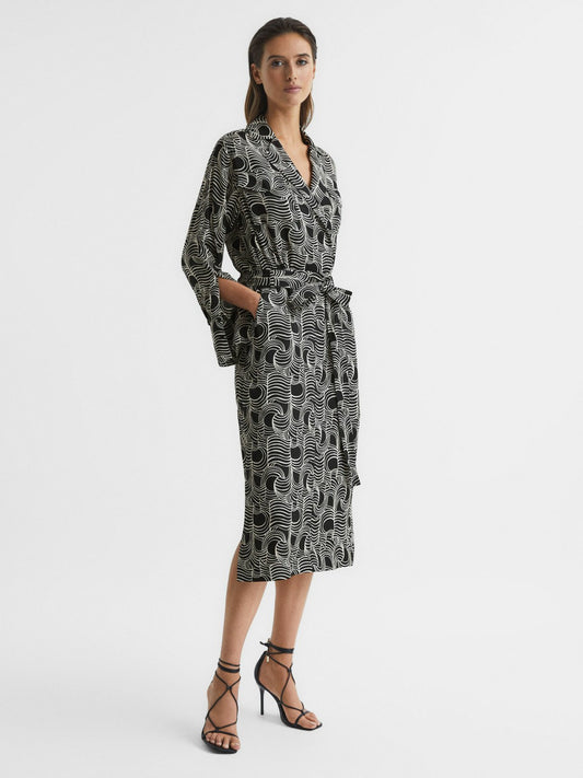 Swirl Print Midi Dress in Black/Cream | Reiss Women Signature