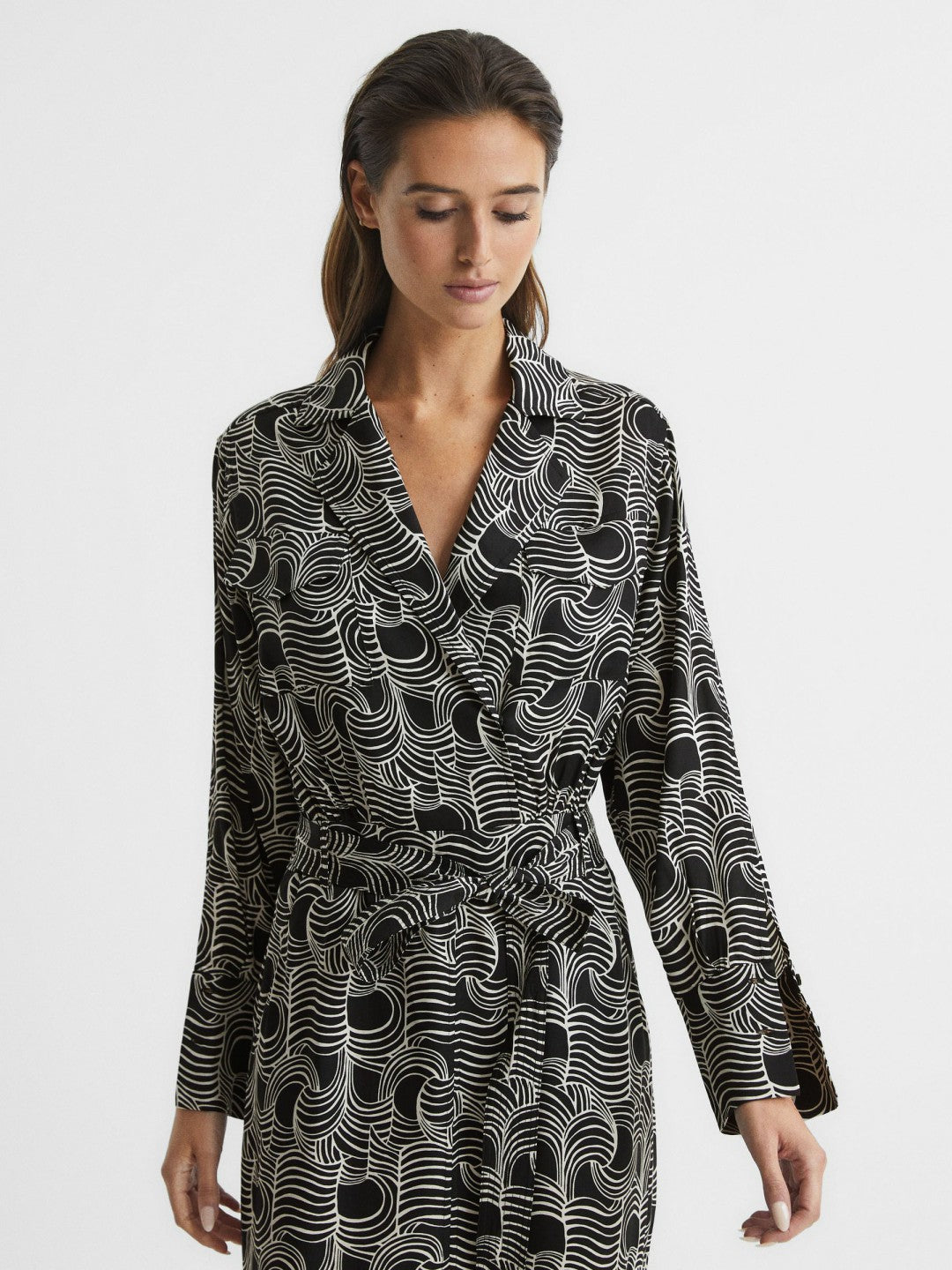 Swirl Print Midi Dress in Black/Cream | Reiss Women Signature