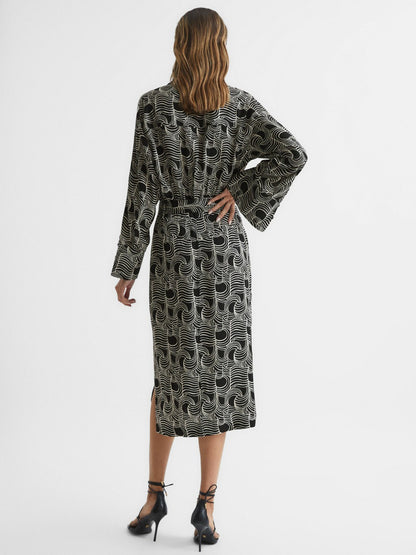 Swirl Print Midi Dress in Black/Cream | Reiss Women Signature